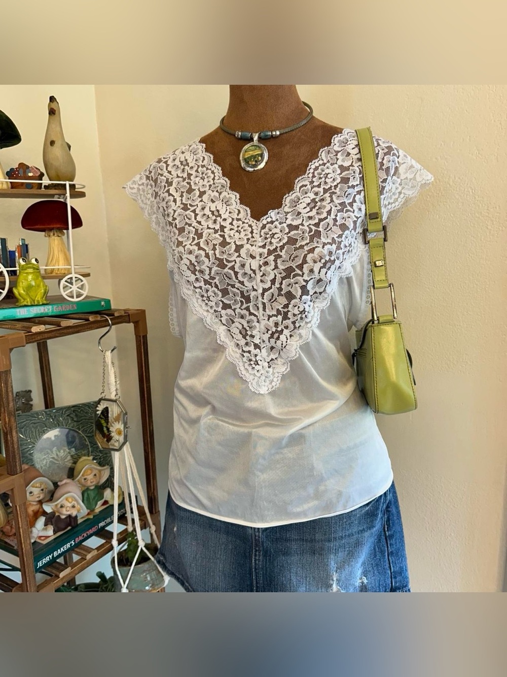 Vintage 80s White Lace Trim V-Neck Nylon Lingerie Tank Top by Metropolitan